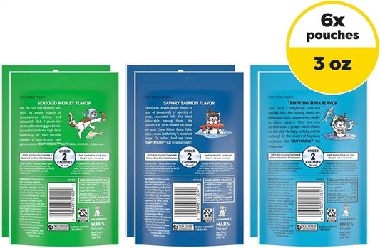 Temptations Cat Treats Classic Crunchy and Soft Seafood Lovers Variety Pack,3 oz. Pouches,(Pack of 12)